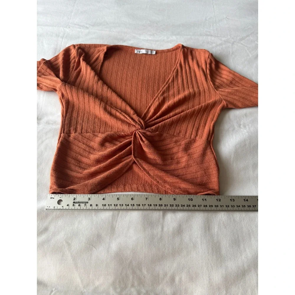Zara Ribbed Twist Front Crop Top Small Burnt Orange Short Sleeve Boho Indie Chic - Picture 8 of 9